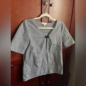 Short Sleeved Black & White Gingham Fly Away Blouse with Chinese Knot Closure S